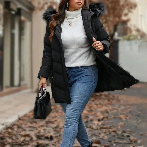 Black Casual Women's Plus Size Quilted Hooded Long Sleeve Mid-Length Padded Coat - Picture 7 of 8